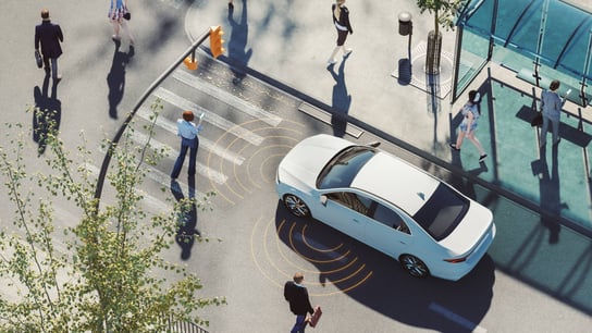 Driverless car with environment sensors. 3D generated image. Car is generic and not based on any real model/brand.