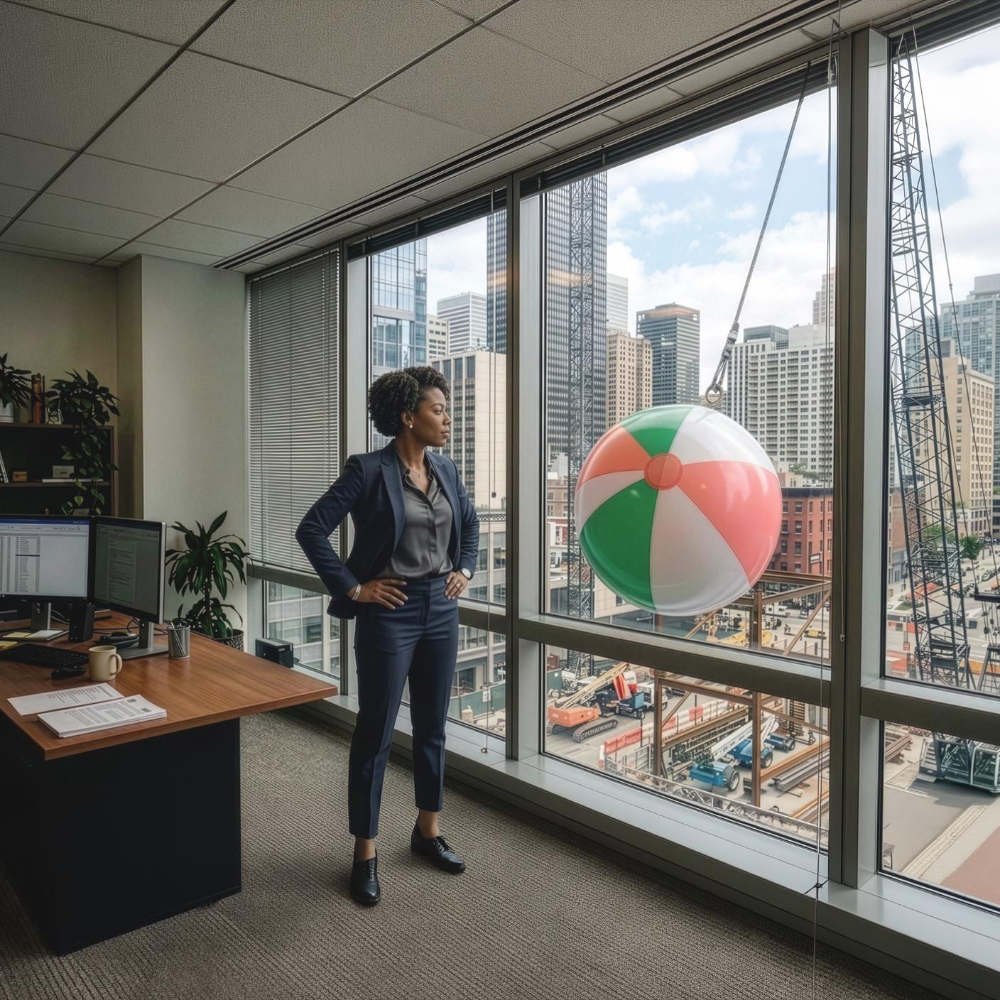 Person in office with wrecking ball of a beach ball.