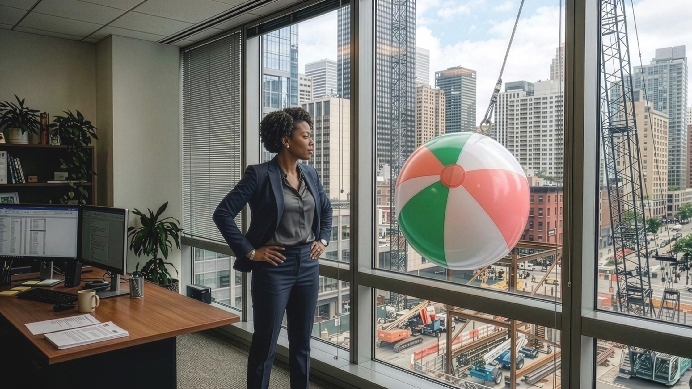 Person in office with wrecking ball of a beach ball.