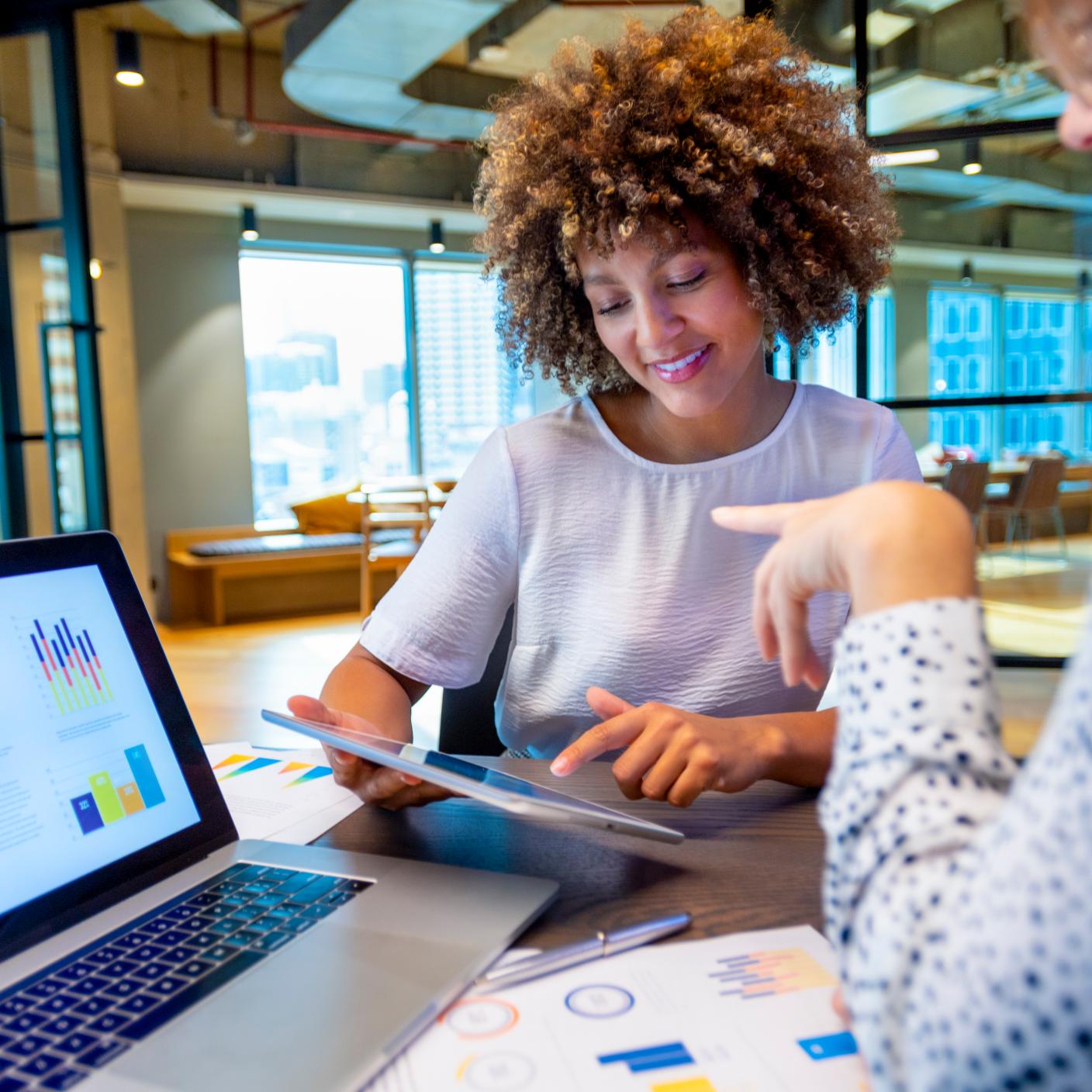 Business colleagues having a conversation. They are discussing finance charts and graphs on a laptop computer. They are both young business people in an office. Could be an interview or consultant working with a client.