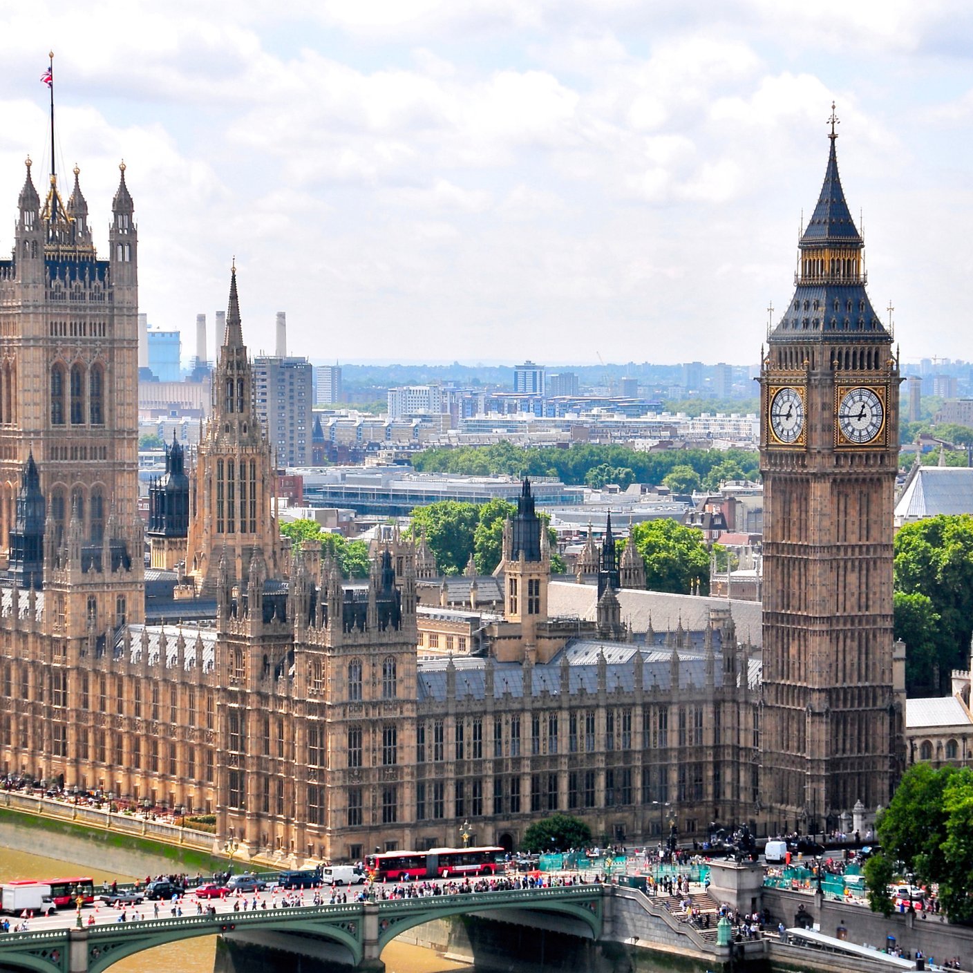 Aerial view of Big Ben and the Houses of Parliament in London