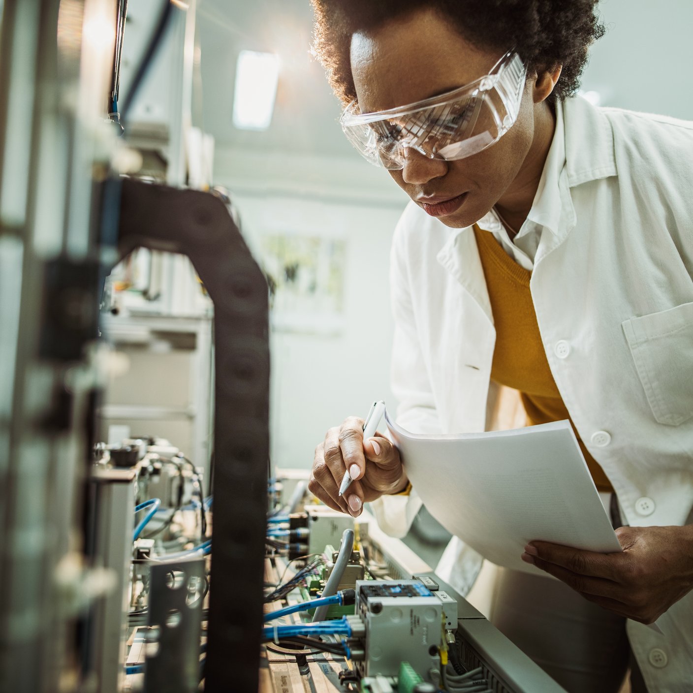 Quality control inspector examining machine part on production line.