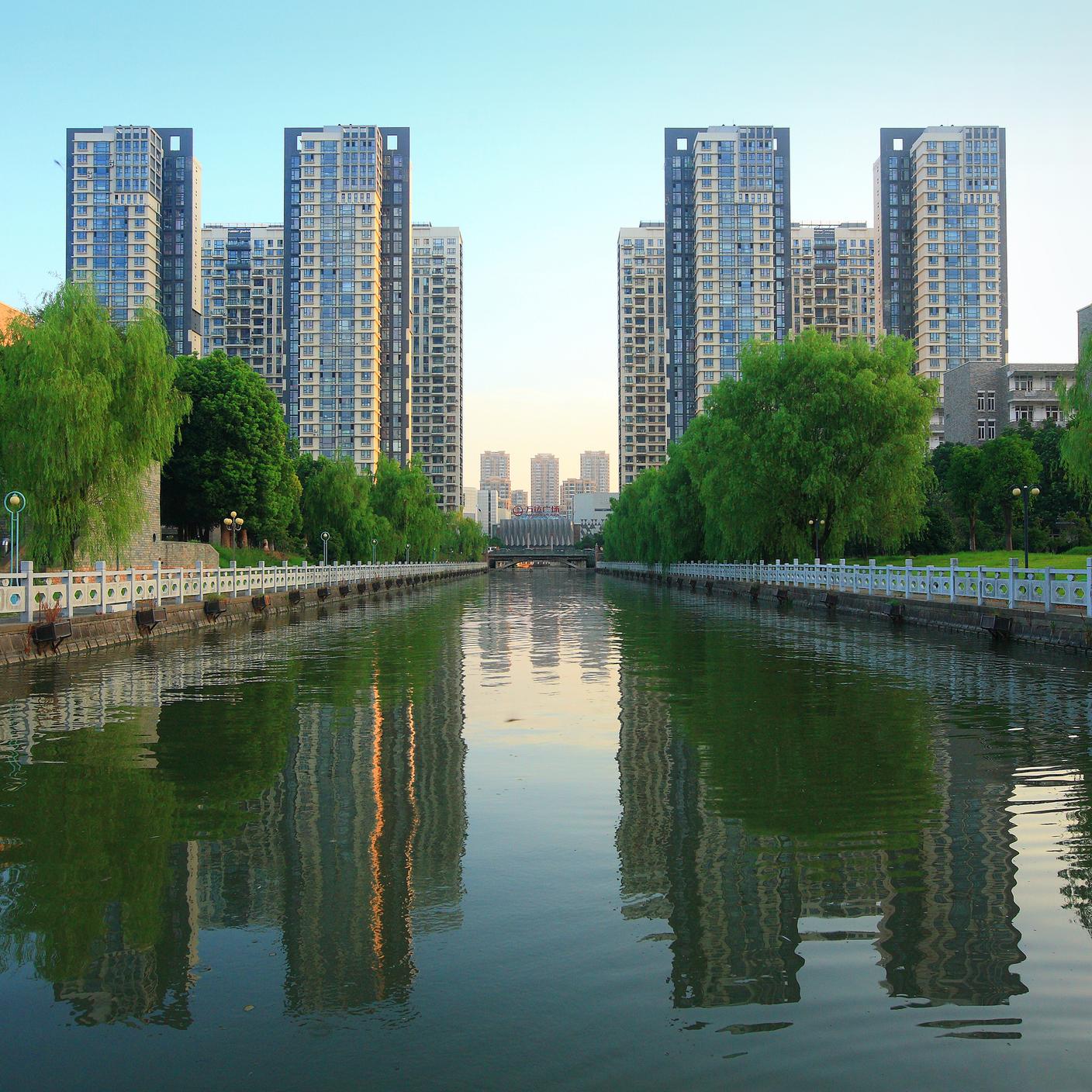 Buildings and lake view
