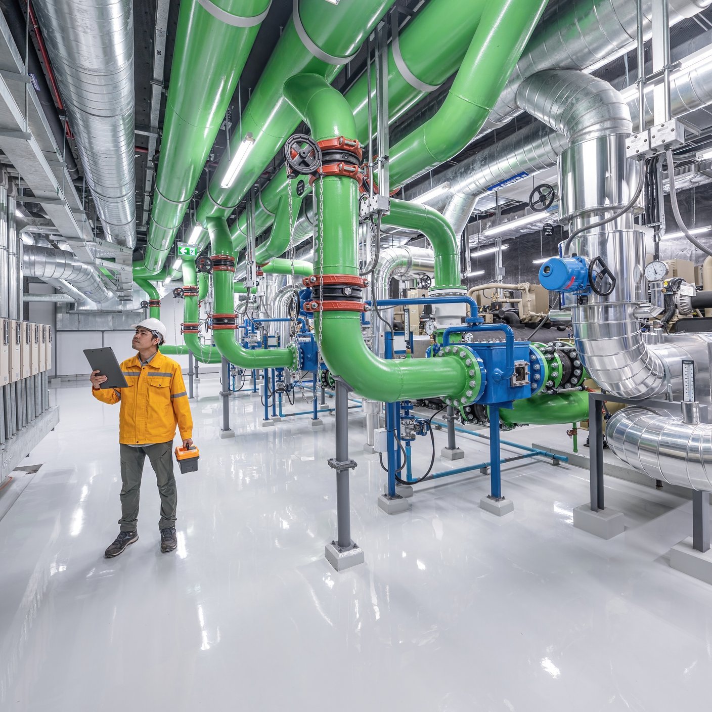 Male engineer working at pipeline zone of oil and gas industrial , Oil and gas industrial pipe, Equipment of power plan, Operation engineer