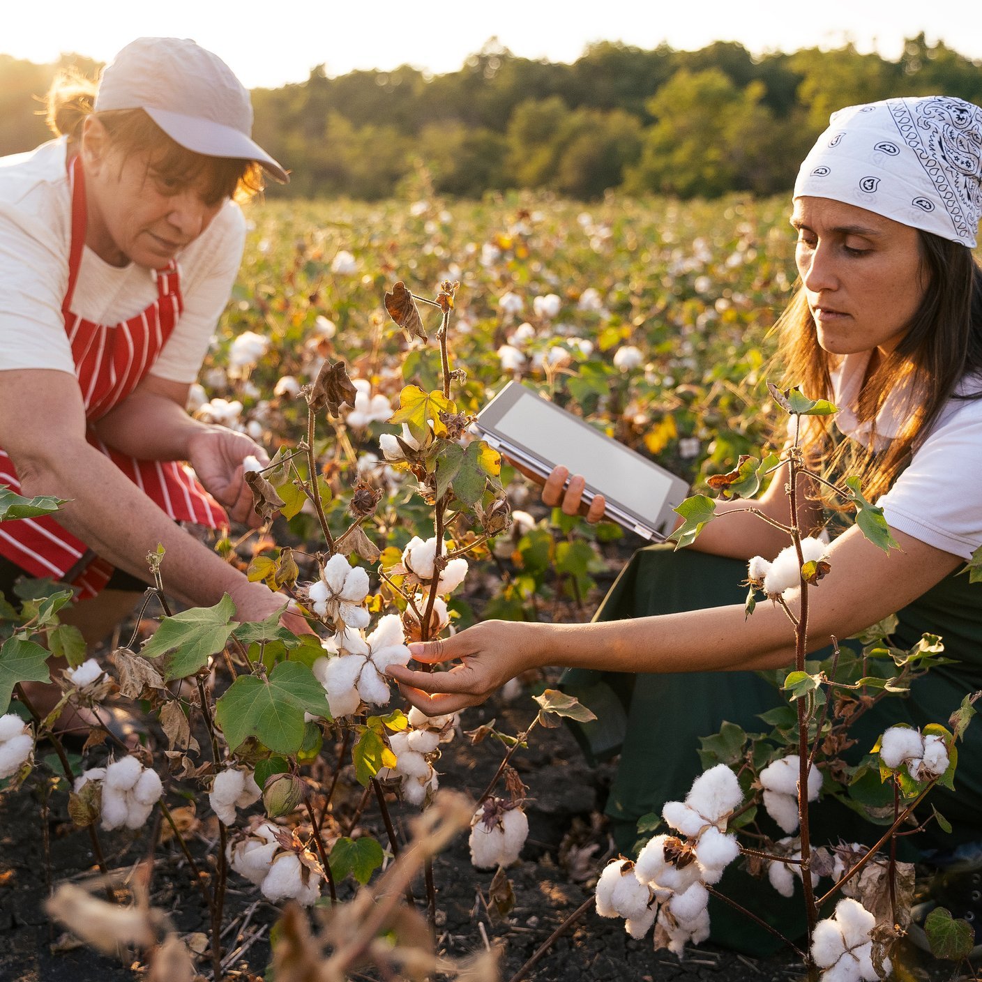 Quality control of the cotton plant crop. Confident women specialists analyzing the quality of the plants. Learning from the elder or from the younger ones...