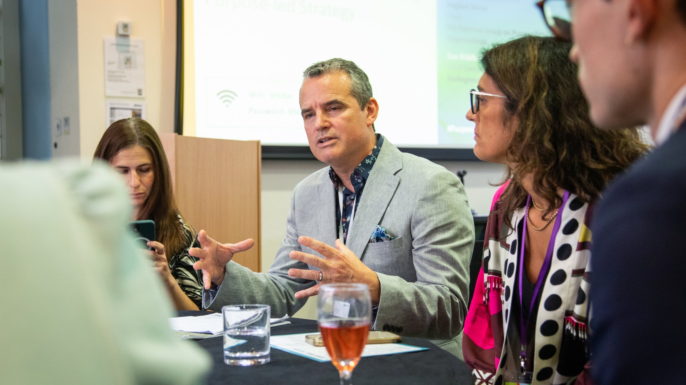 Roundtable discussion in a business meeting.